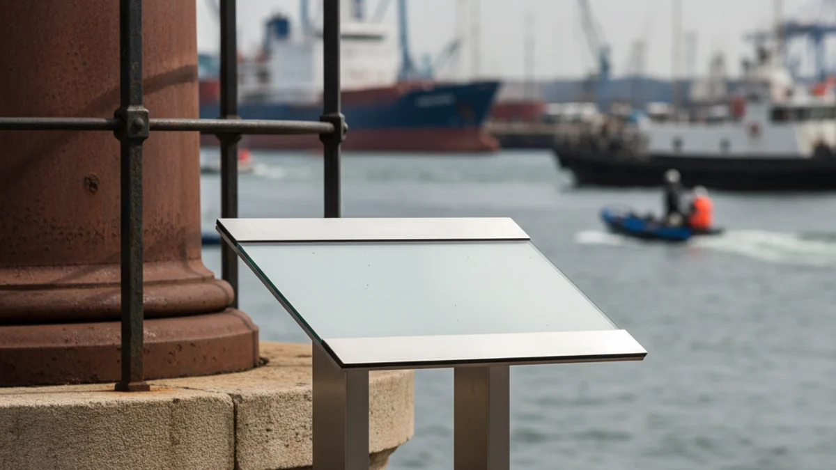 Panell informatiu nou instal·lat al costat d'una grua històrica al Moll de Costa del Port de Tarragona.