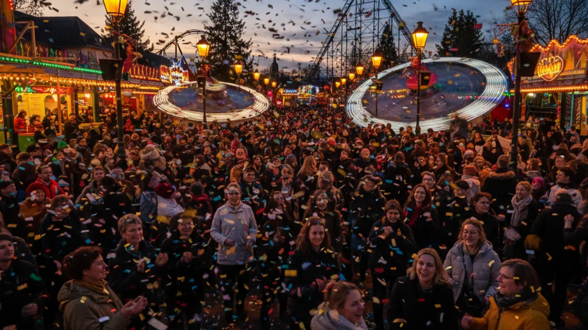 Imatge genèrica d'una celebració de Carnaval amb llums de colors i ambient festiu en un parc temàtic.