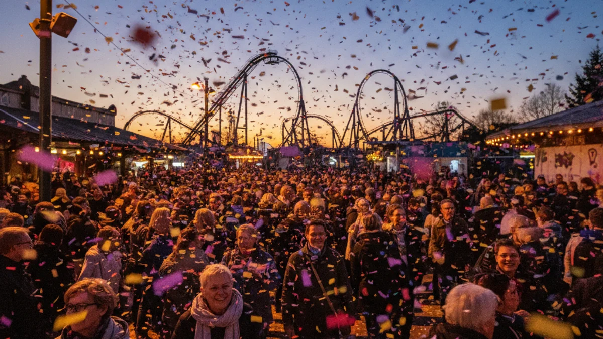 Imatge genèrica d'una celebració de Carnaval en un parc temàtic amb confeti i llums.