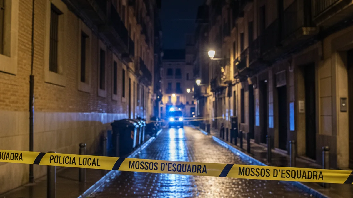 Imagen genérica de una calle de noche con luces policiales azules reflejadas.