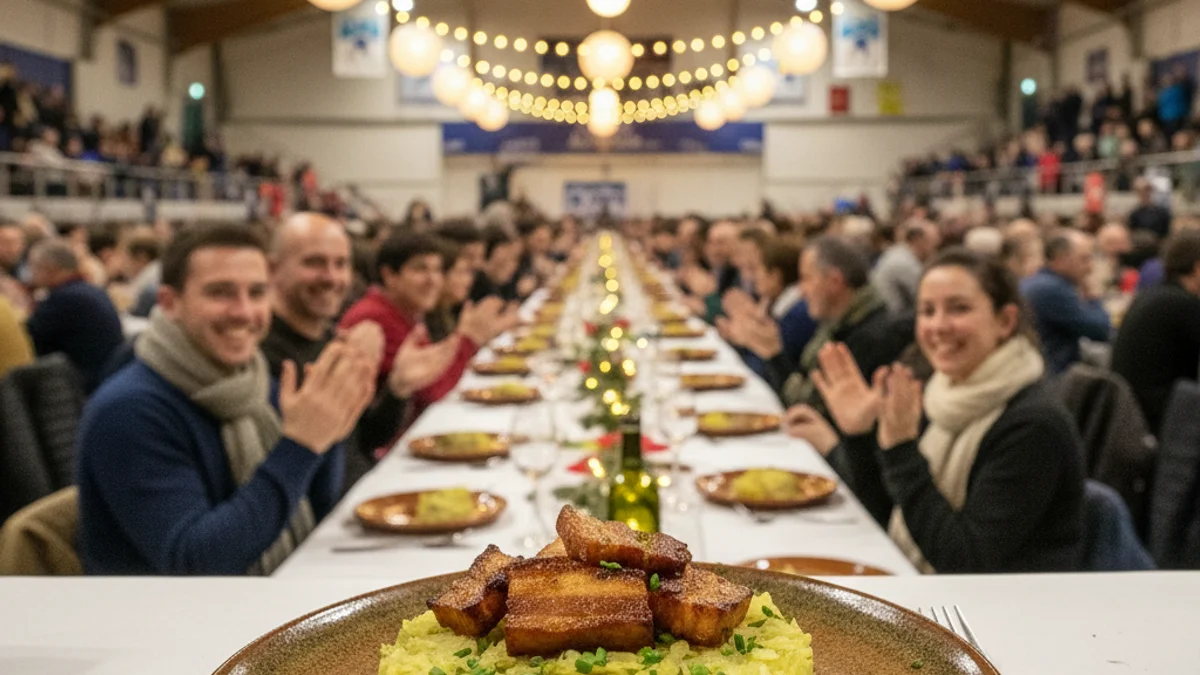Imagen genérica de una cena popular multitudinaria en un pabellón polideportivo decorado para una celebración gastronómica.