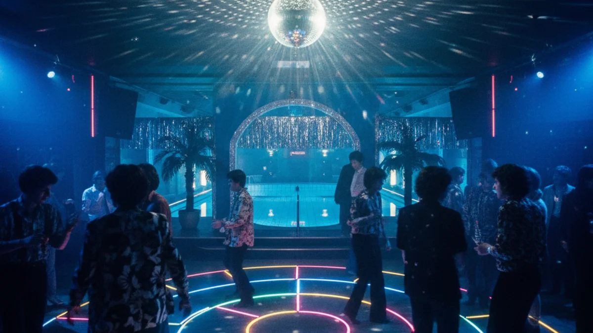 Imatge genèrica de l'interior d'una discoteca dels anys vuitanta amb llums de neó i una piscina al fons.