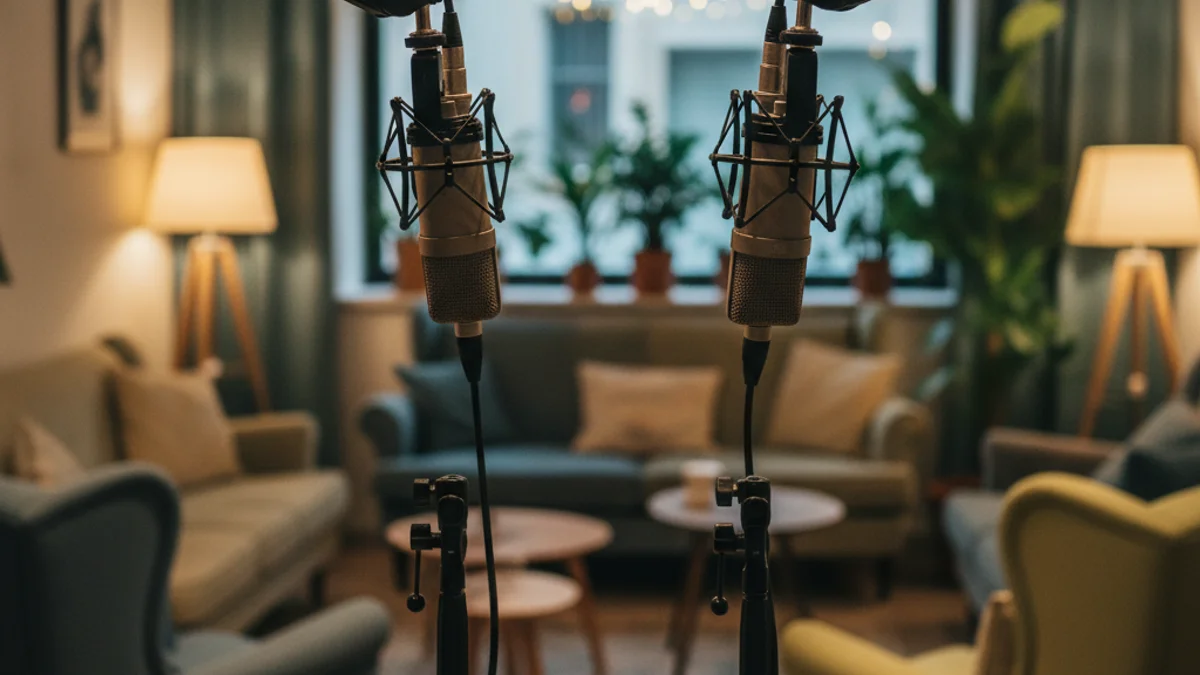 Imatge genèrica d'un estudi de ràdio amb micròfons preparats per a una entrevista sobre hostaleria.