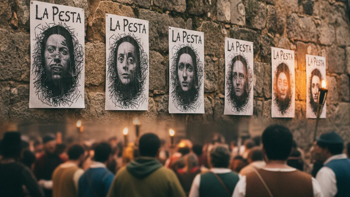Imagen genérica de unos carteles pegados en una pared de piedra durante una feria medieval.
