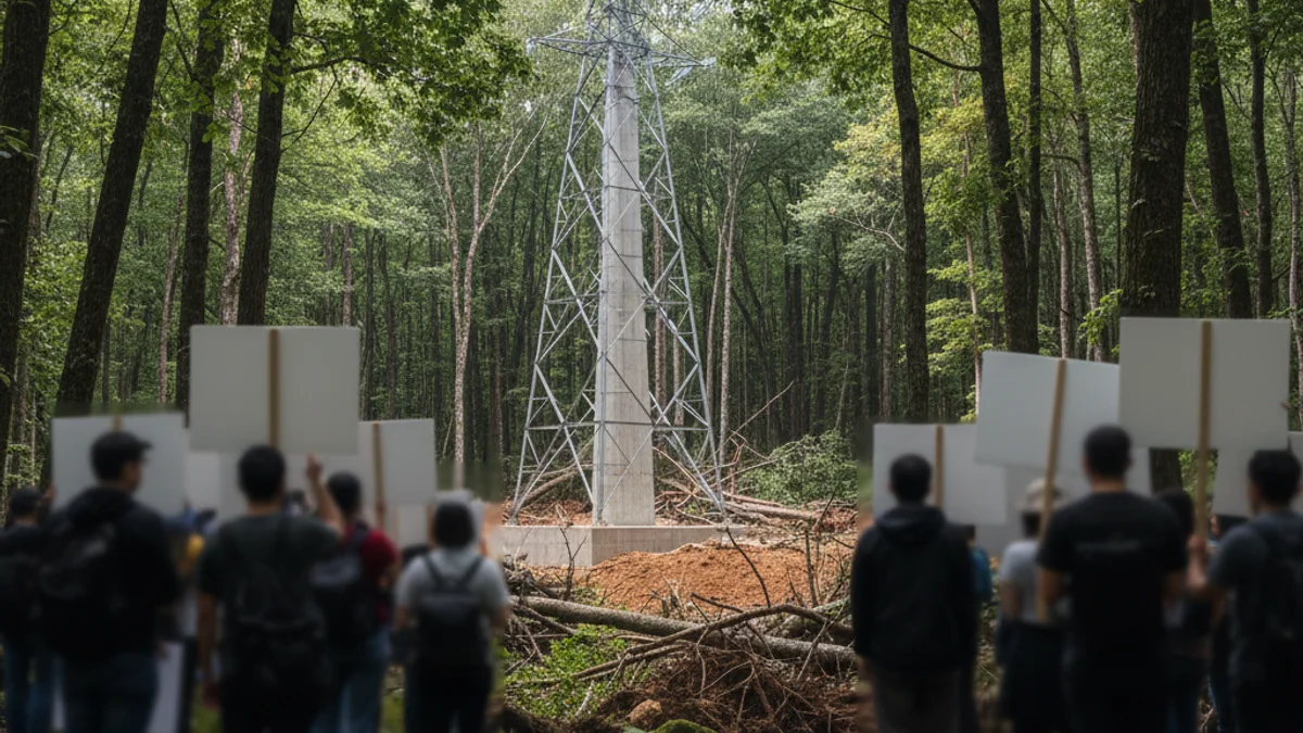 Imatge genèrica d'una concentració de persones en una zona boscosa, protestant contra un projecte d'infraestructura elèctrica.