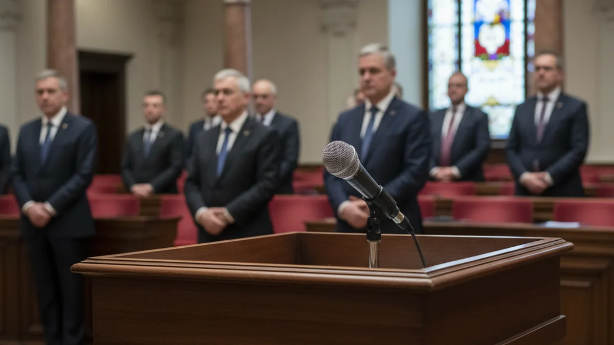 Micròfon sobre un faristol de fusta en una sala de conferències o parlament, amb figures borroses al fons.
