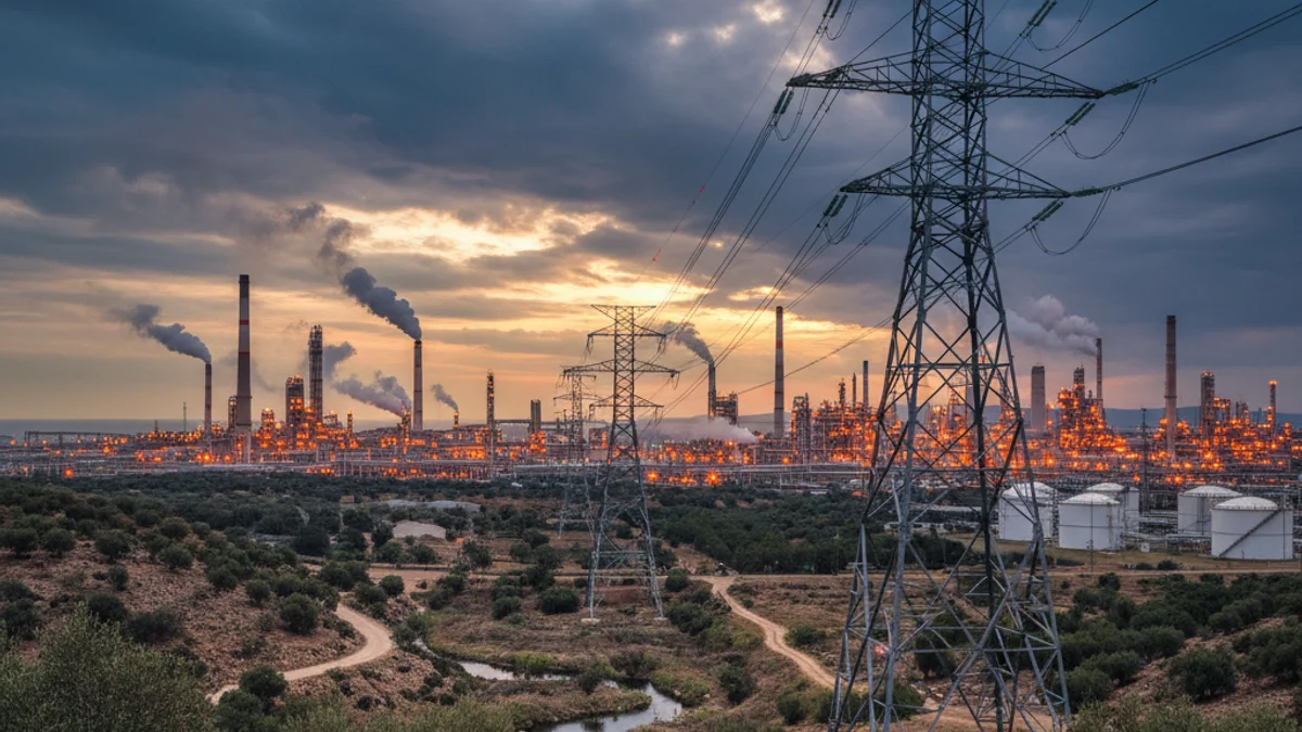 Generic image of high-voltage power towers and electric lines in an industrial setting.