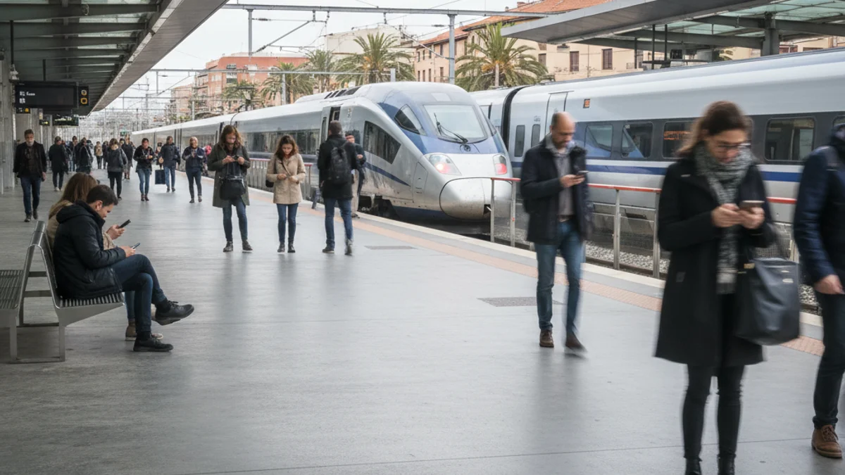 Andana d'una estació de tren amb passatgers esperant l'arribada del comboi.