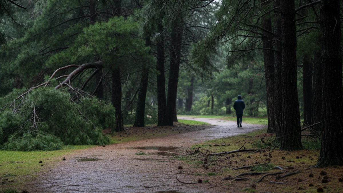 Vista d'un parc urbà amb arbres frondosos i camins, amb senyals de tancament recent.