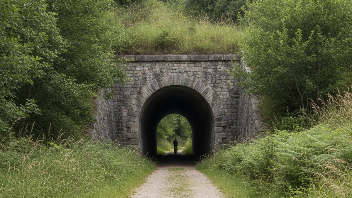 Imatge genèrica d'un túnel de via verda amb vegetació a l'entrada, sense persones visibles.