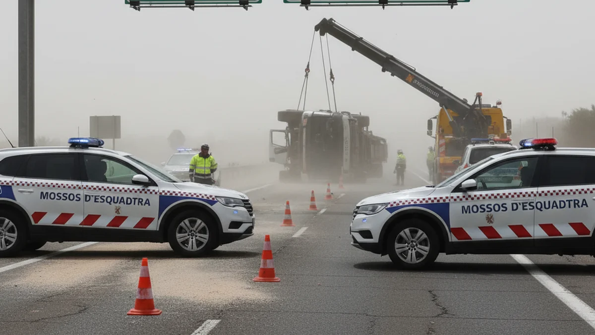 Imagen genérica de la autopista AP-7 con presencia de los Mossos d'Esquadra por un accidente.