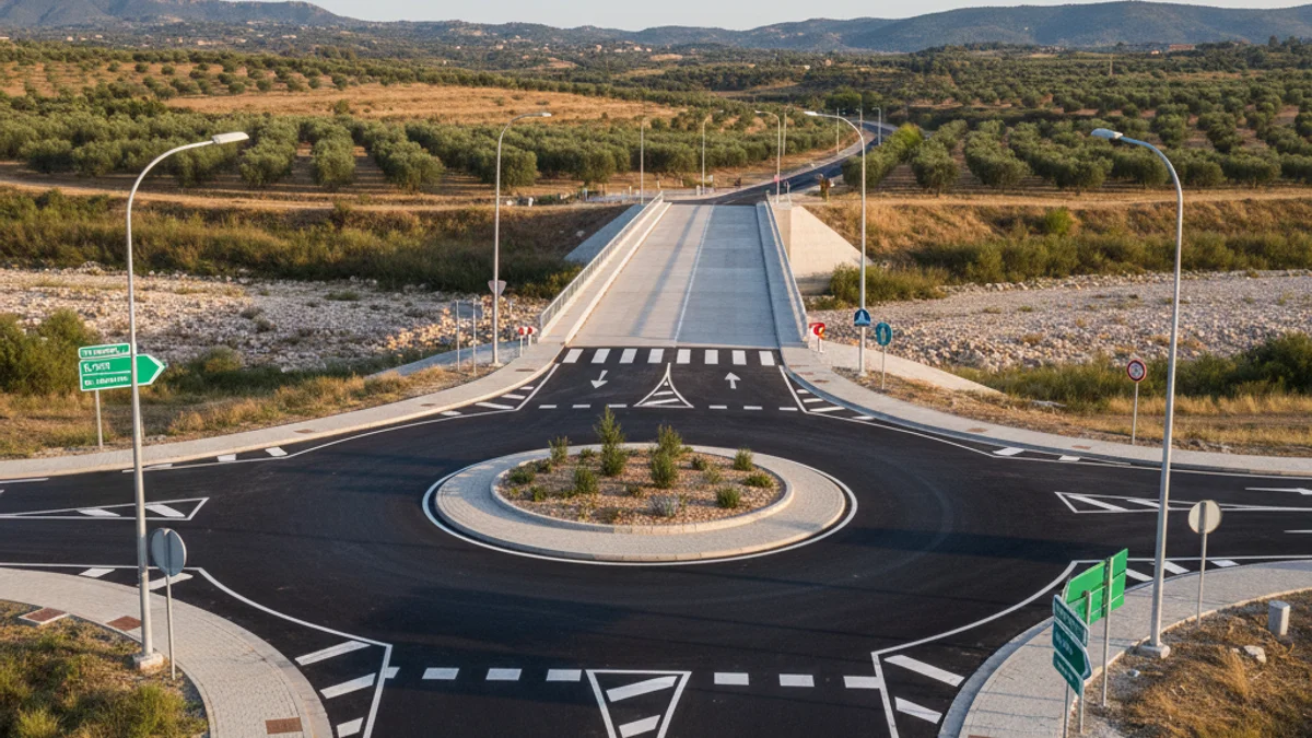 Imagen genérica de una carretera recién pavimentada con una rotonda y señalización nueva.