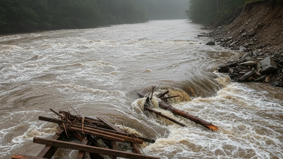 Imatge genèrica d'un riu amb un cabal elevat, amb restes d'un pont de fusta al fons.