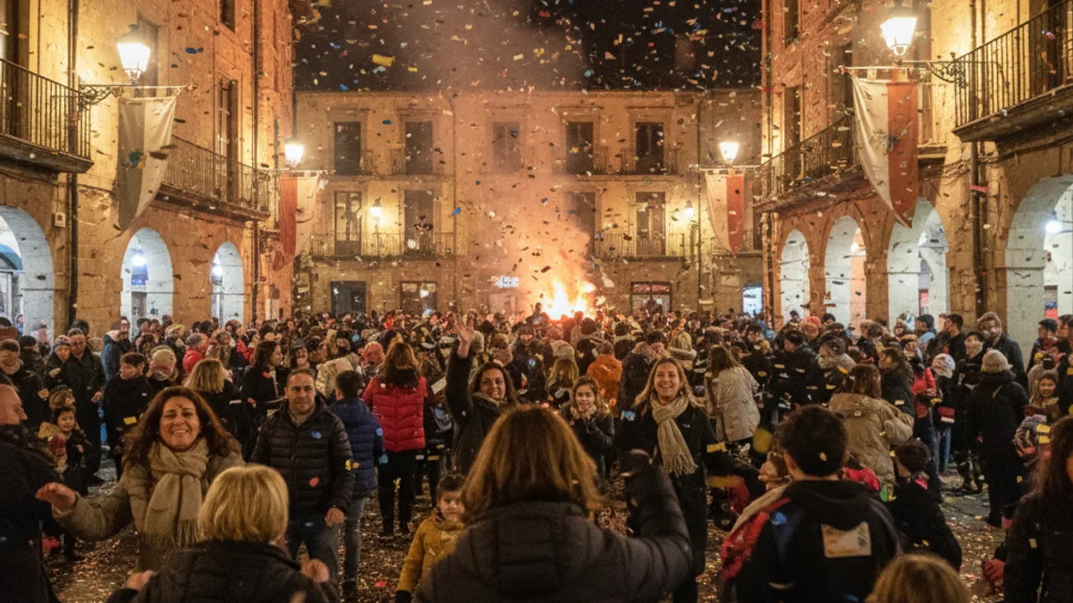 Generic image of a nocturnal festive celebration with fire and people in a public square.
