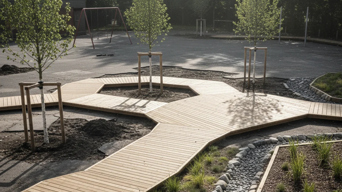 Imatge genèrica d'un pati escolar en procés de naturalització amb zones verdes i arbres.