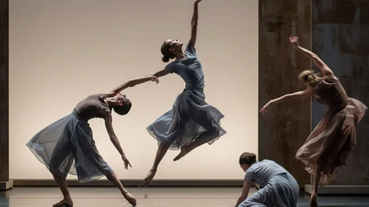 Siluetes de ballarins de dansa contemporània actuant en un escenari amb il·luminació neutra.