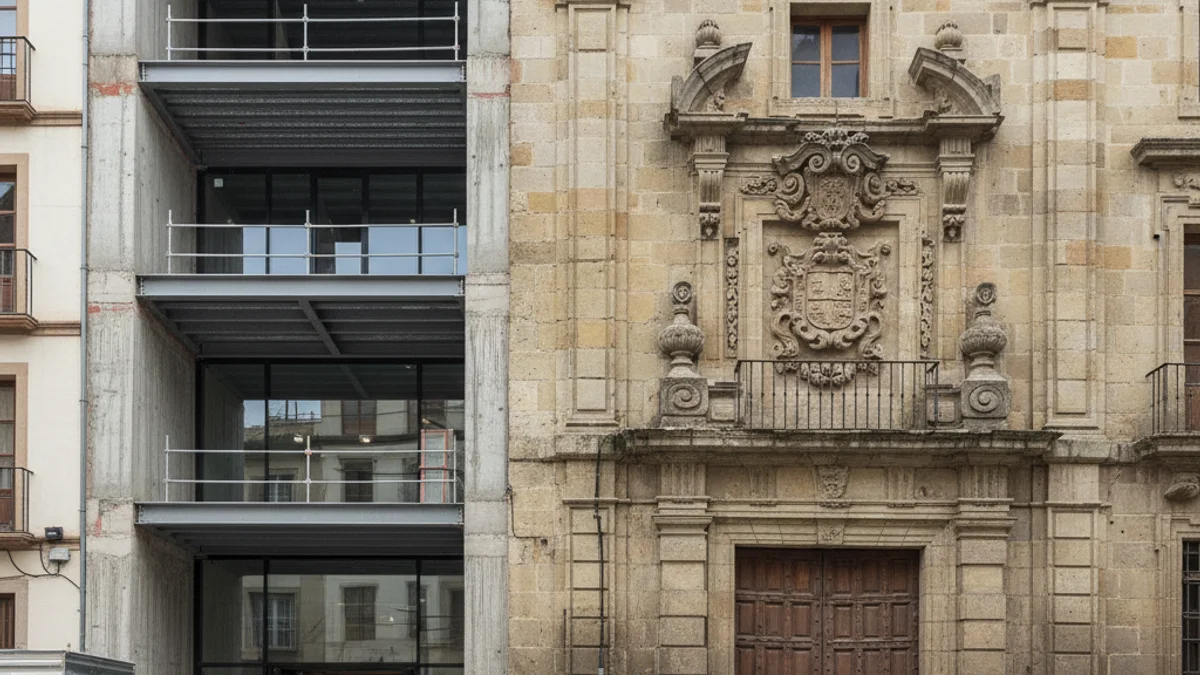 Façana d'un edifici històric d'un ateneu al costat d'una infraestructura cultural moderna, simbolitzant el contrast entre tradició i inversió.