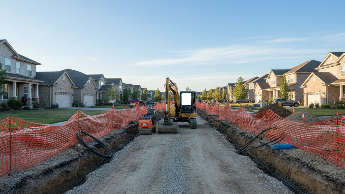 Imatge d'unes obres de canalització en un carrer urbà amb tanques de seguretat.
