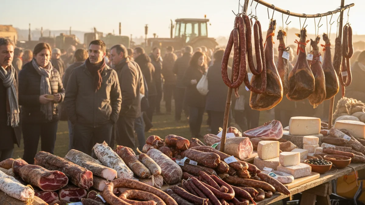 Imatge genèrica d'una fira gastronòmica amb productes derivats del porc i tractors antics.