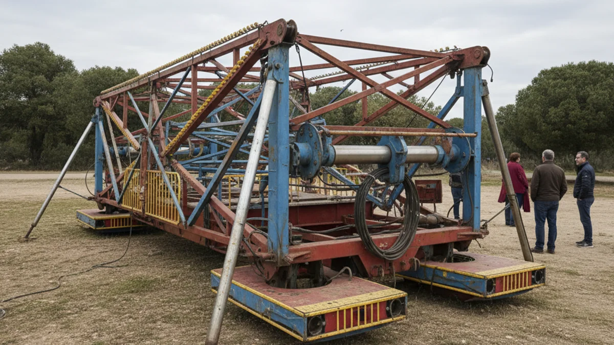 Imatge genèrica d'una atracció de fira plegada per al seu transport en un descampat.