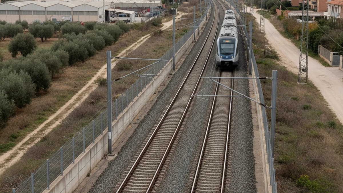 Imatge genèrica d'una via de tren buida amb un tren llançadora a la distància, simbolitzant la represa parcial del servei.