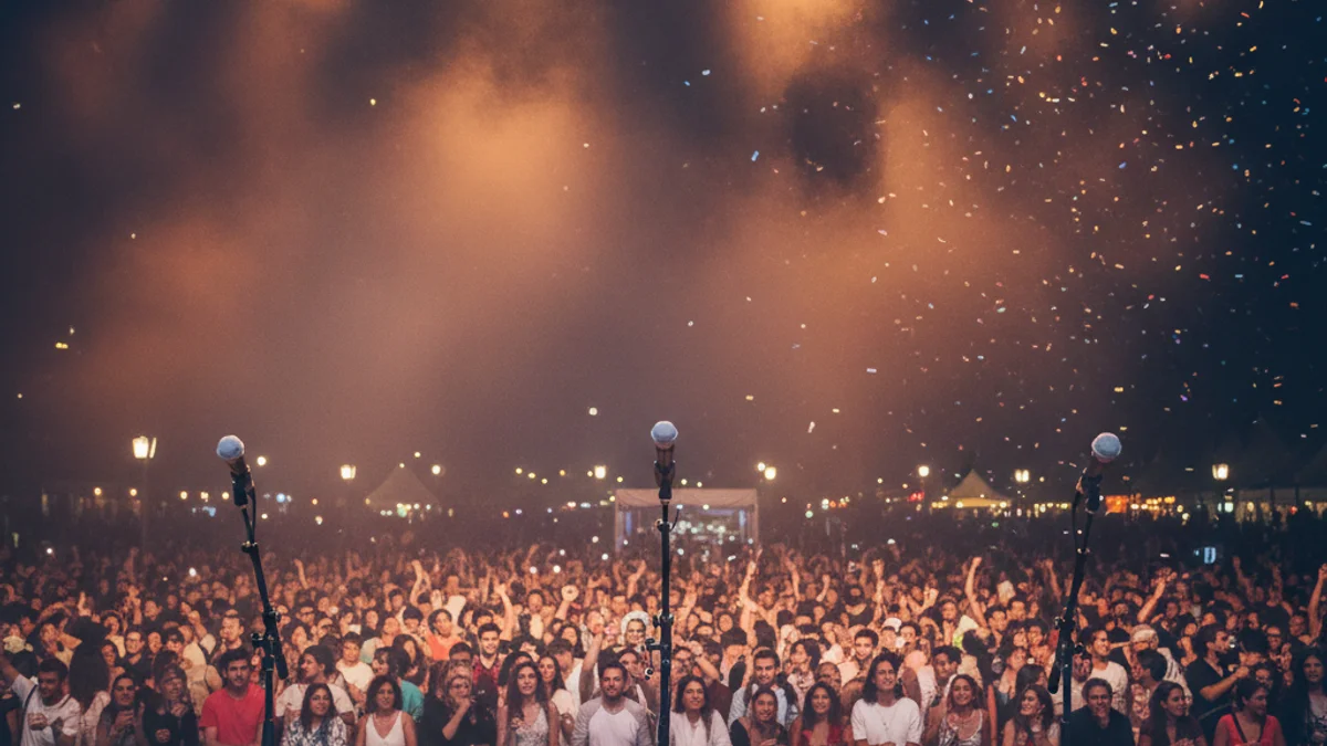 Imagen genérica de un escenario de festival de música al aire libre con iluminación nocturna.