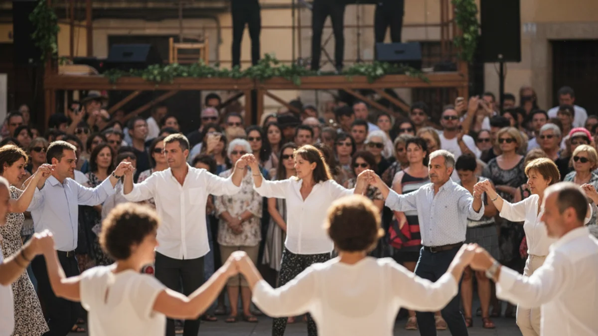 Generic image of a traditional Sardana dance in a public square with a live band in the background.