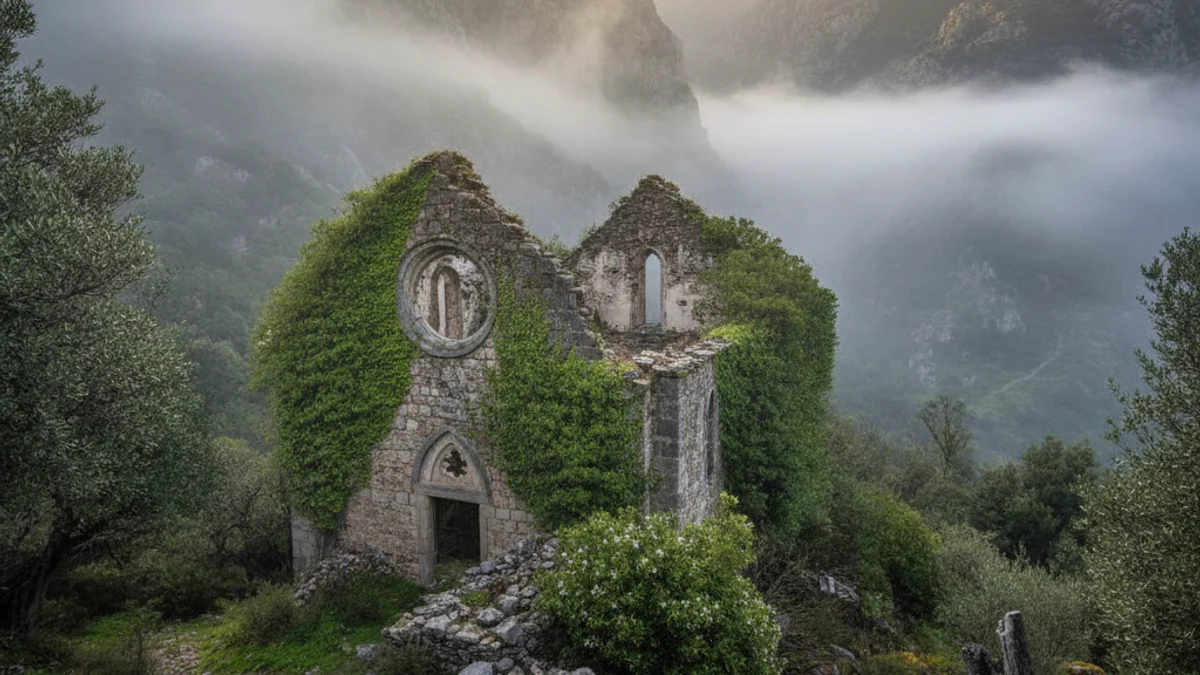 Imatge genèrica de les ruïnes d'un poble abandonat a la muntanya.