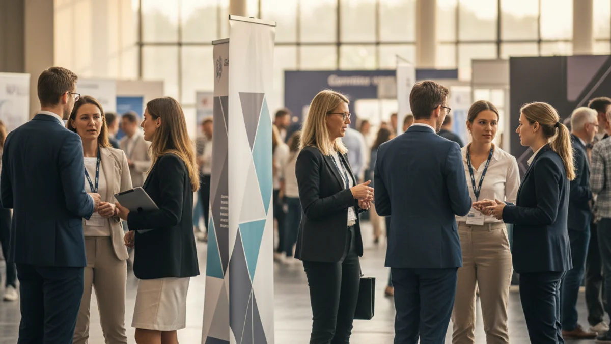 Generic image of a training and employment fair with information booths.