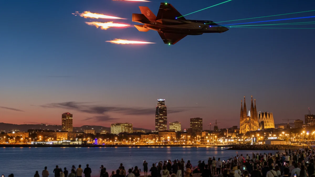 Generic image of a fighter jet performing a night aerial display with pyrotechnics over the coast.