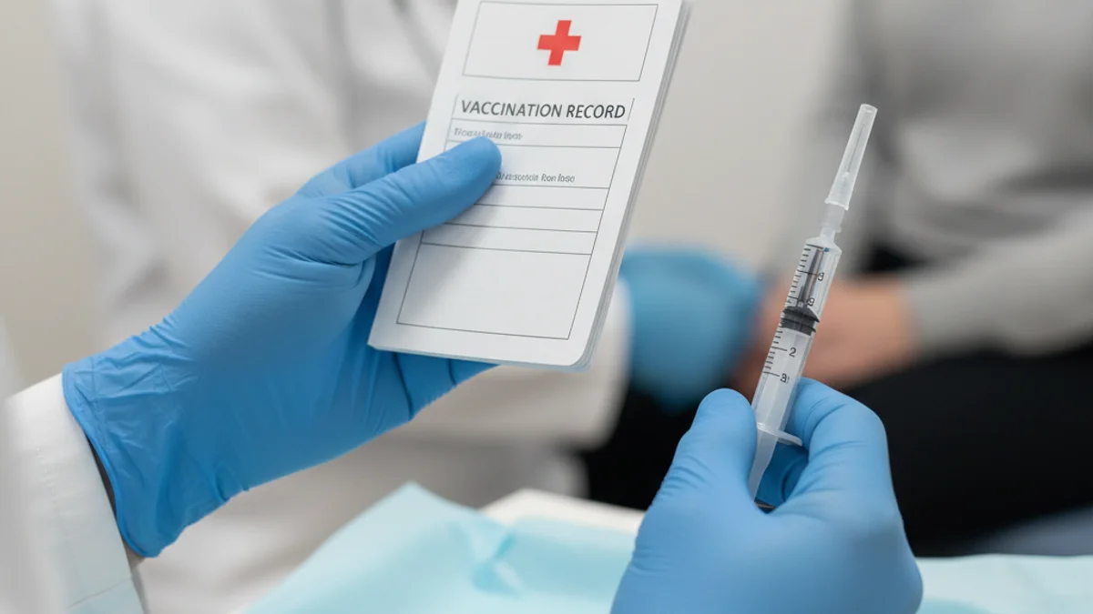 Una infermera revisant una cartilla de vacunació en un centre d'atenció primària.