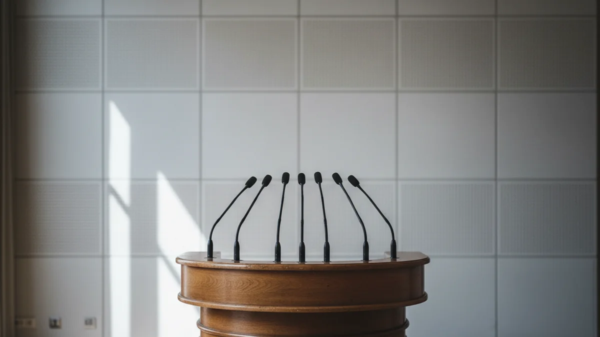 Imatge genèrica d'un faristol amb micròfons en una sala d'actes política.