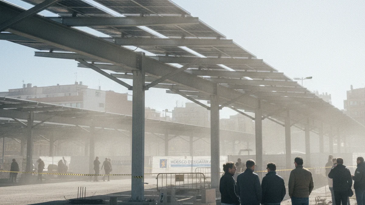 Imatge genèrica de la construcció d'una gran pèrgola amb panells solars en un aparcament exterior.