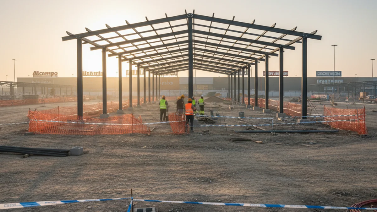Imatge genèrica de les obres d'instal·lació d'una pèrgola solar en un gran aparcament comercial.