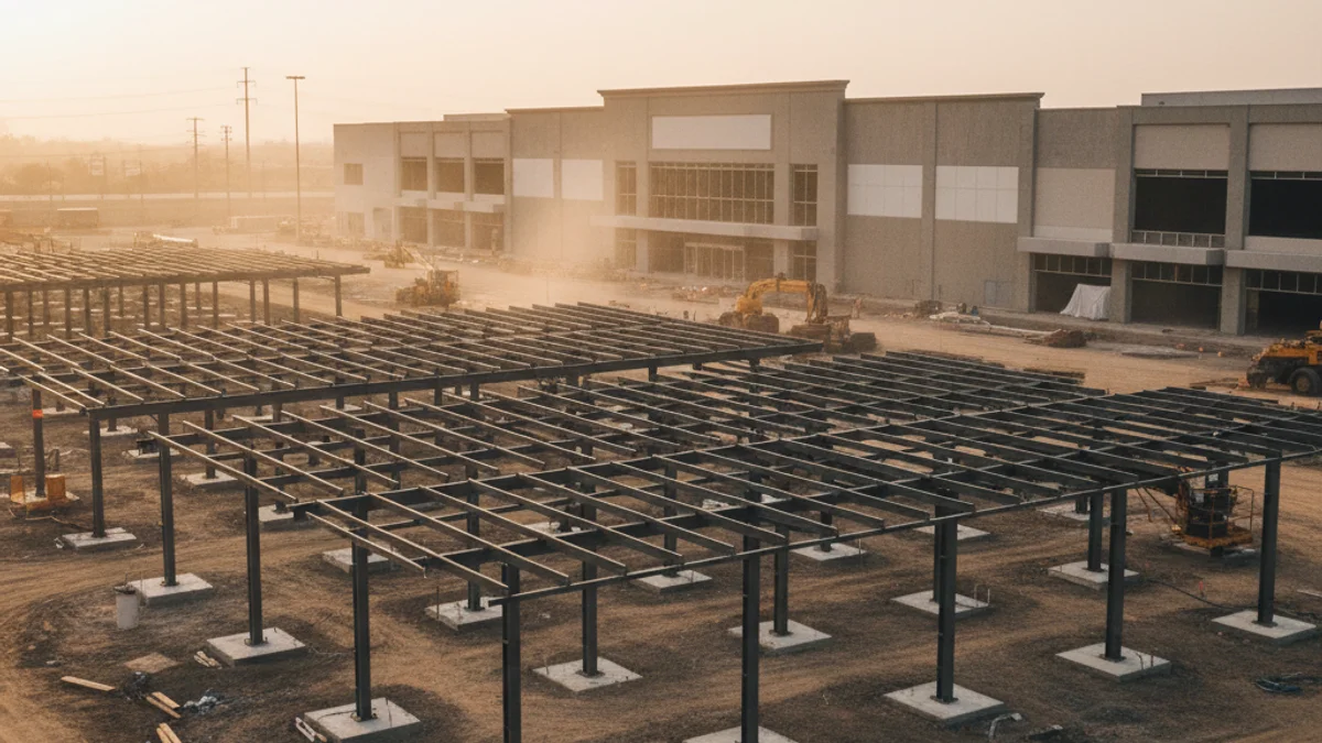 Generic image of the construction works of a solar pergola in an outdoor parking lot.