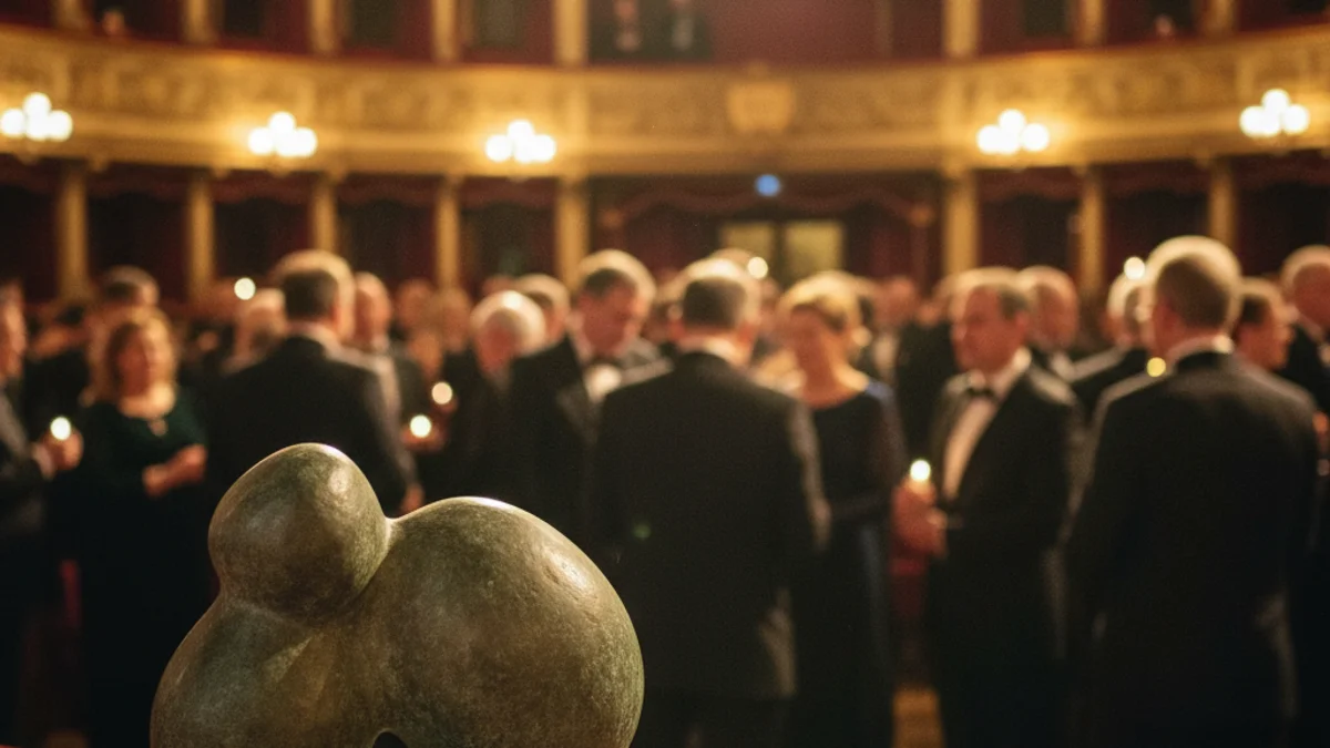 Imatge genèrica d'una gala de lliurament de premis en un teatre amb una escultura simbòlica en primer pla.