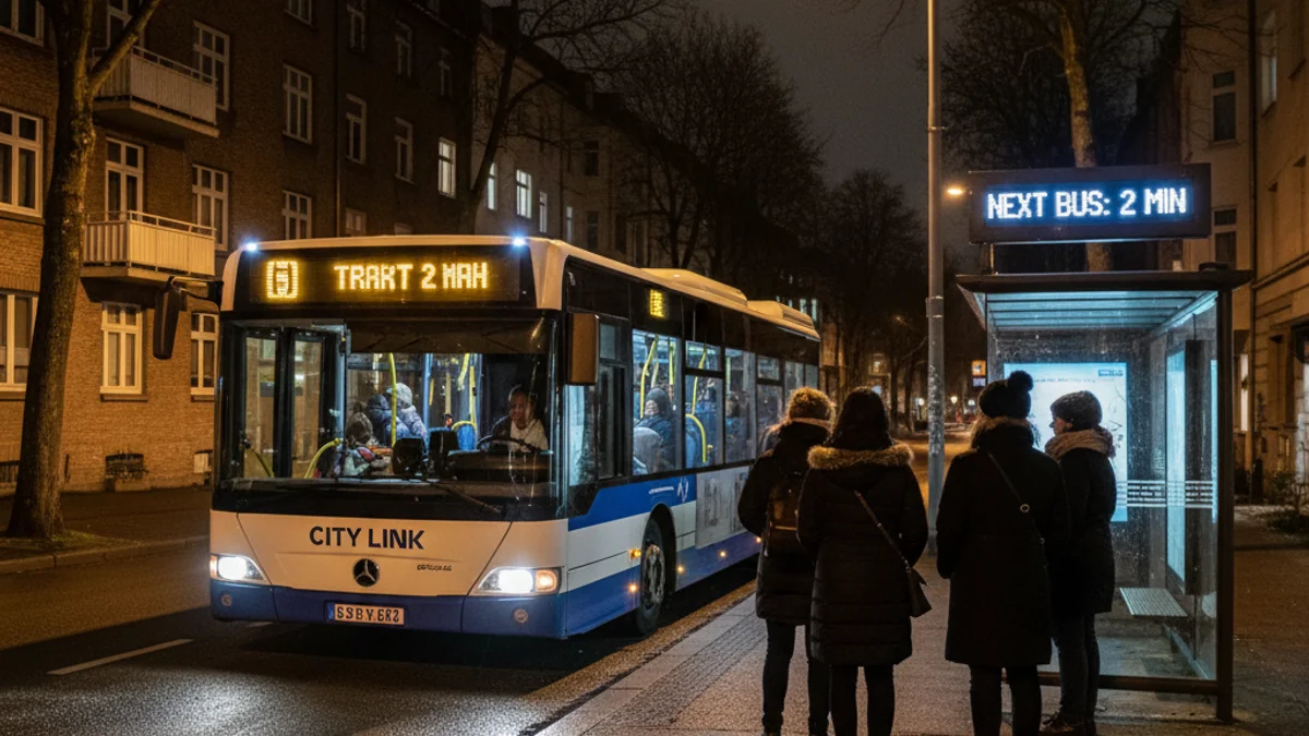 Imatge genèrica d'un autobús urbà nocturn circulant per un barri residencial.