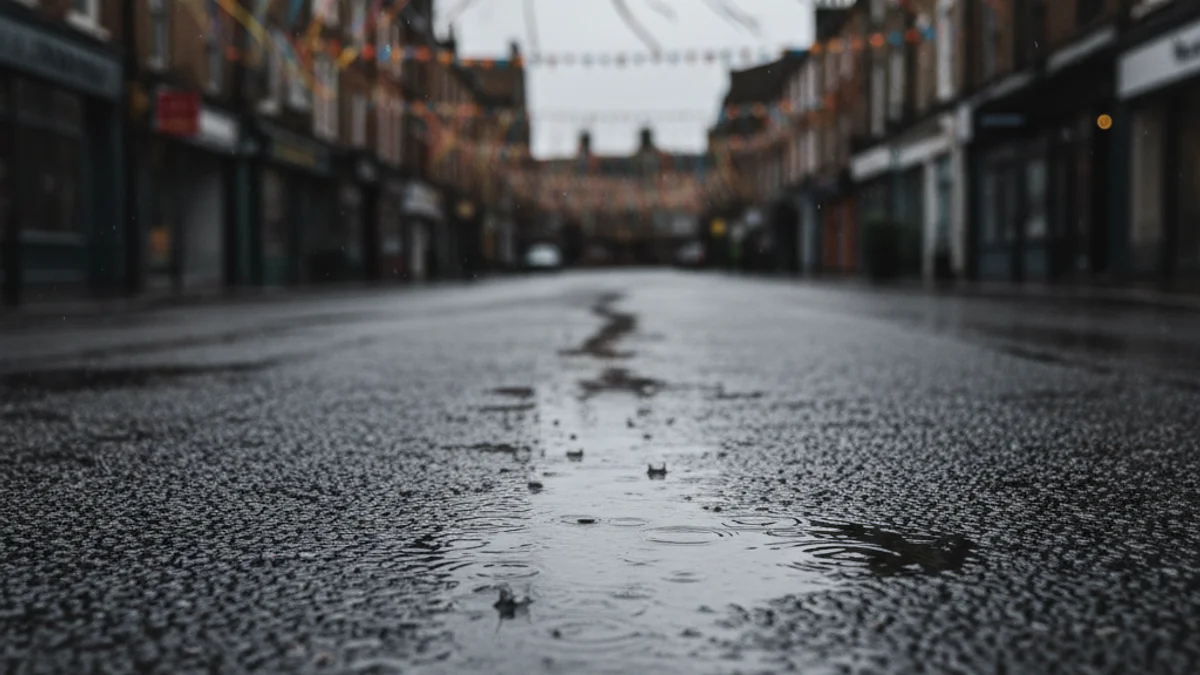 Un carrer buit sota la pluja amb decoracions festives llunyanes.