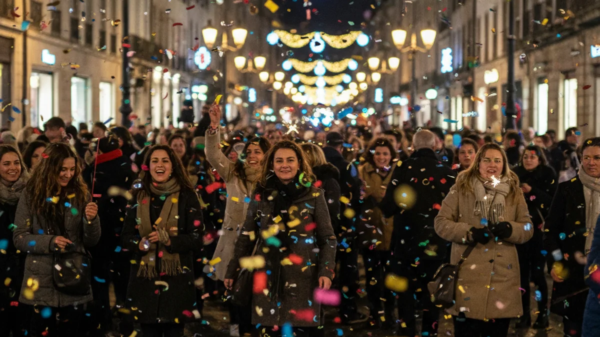 Imatge genèrica d'una celebració festiva al carrer amb llums i confeti.