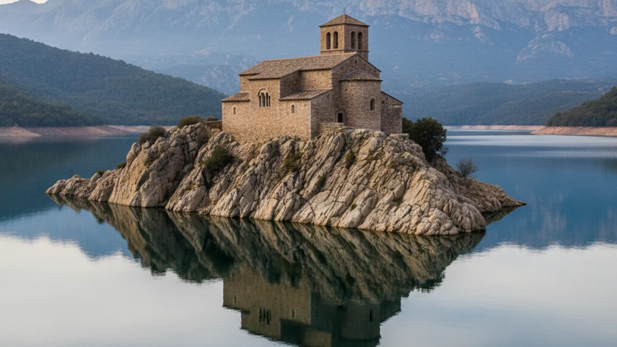 Imagen genérica del antiguo monasterio de Sant Salvador de la Vedella sobresaliendo de las aguas del pantano.