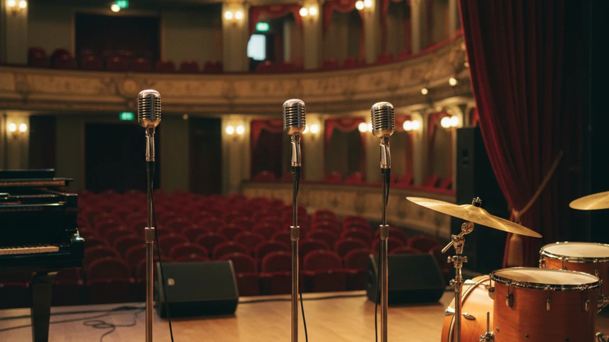Imatge genèrica d'un escenari musical amb micròfons i il·luminació càlida.