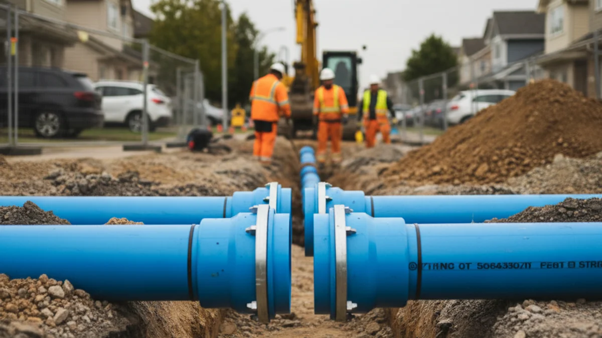 Detall de canonades d'aigua noves durant unes obres de millora en un carrer urbà.