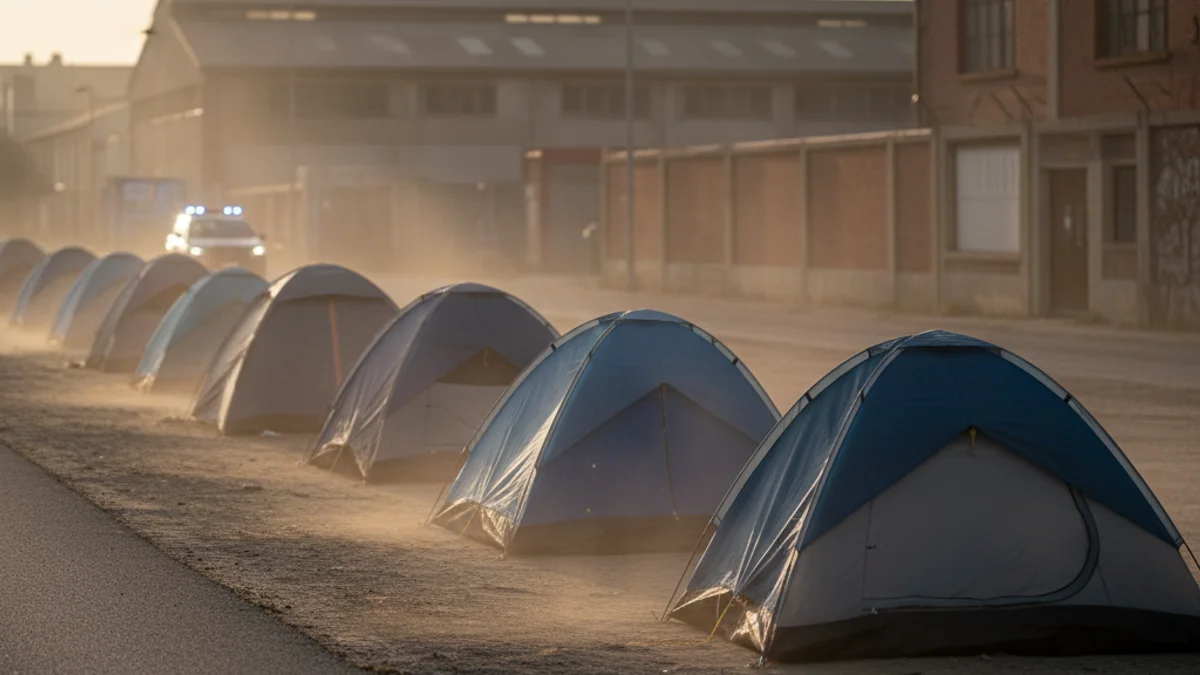 Generic image of camping tents in a precarious urban settlement.