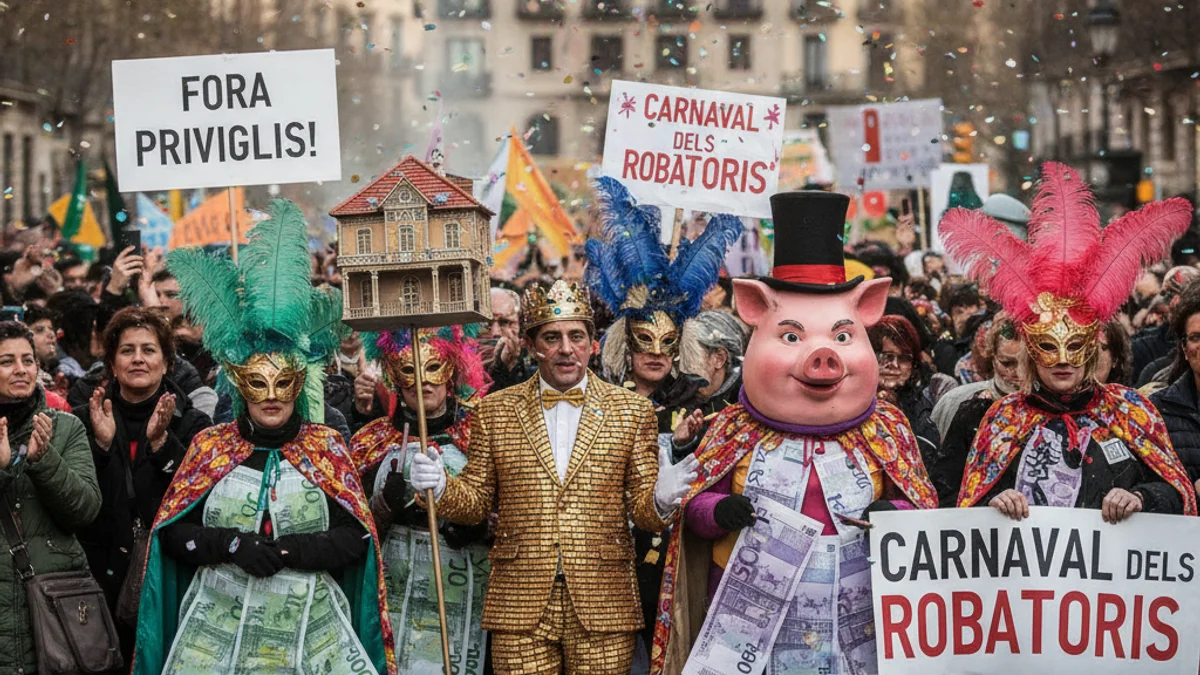 Imatge genèrica d'una manifestació reivindicativa als carrers de Barcelona amb elements festius i satírics.