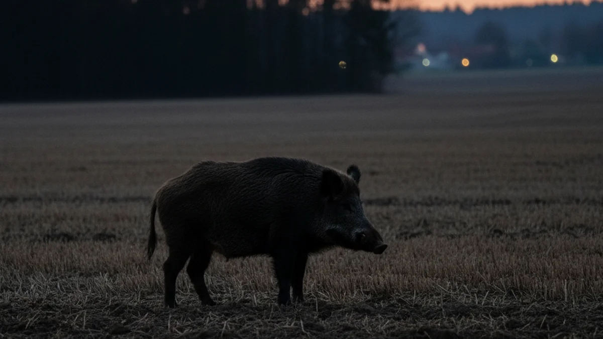 Silueta d'un senglar buscant menjar prop d'una zona boscosa o agrícola, simbolitzant la superpoblació.