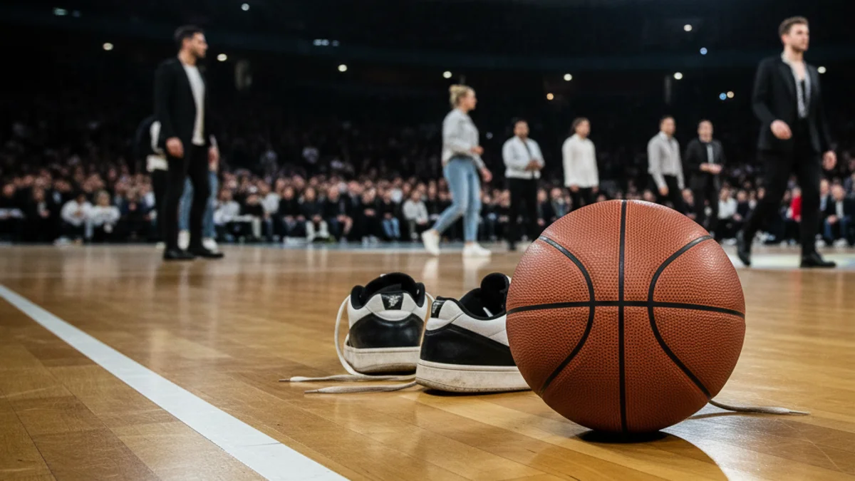 Imatge genèrica d'una pilota de bàsquet sobre el parquet d'un pavelló esportiu.