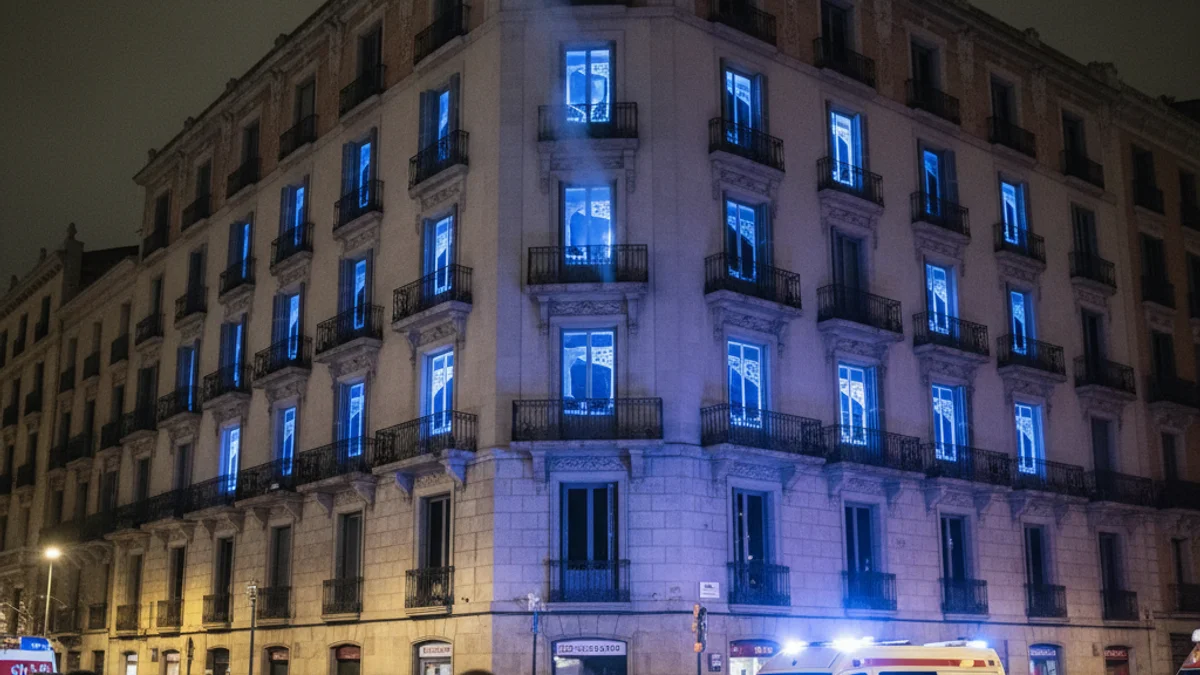 Imagen genérica de un edificio de viviendas de noche con luces de emergencia azules reflejadas.
