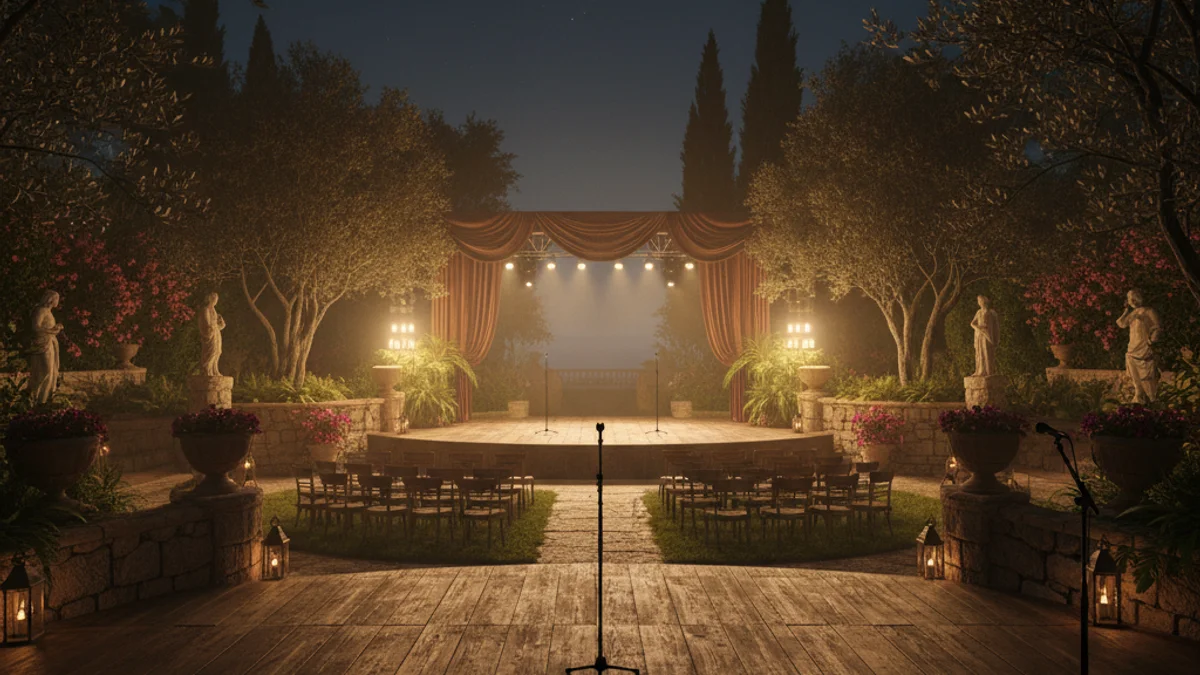 Imatge genèrica d'un escenari a l'aire lliure envoltat de jardins durant la nit.