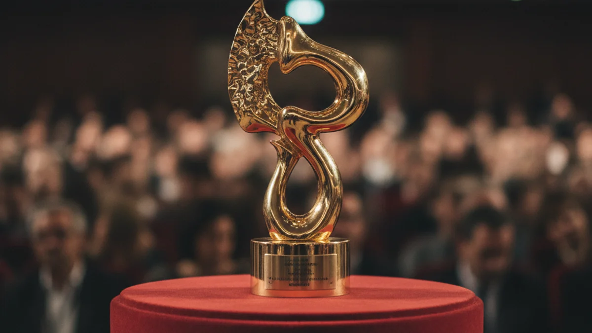 Imatge genèrica d'un trofeu daurat dels Premis Gaudí sobre un faristol de vellut vermell.