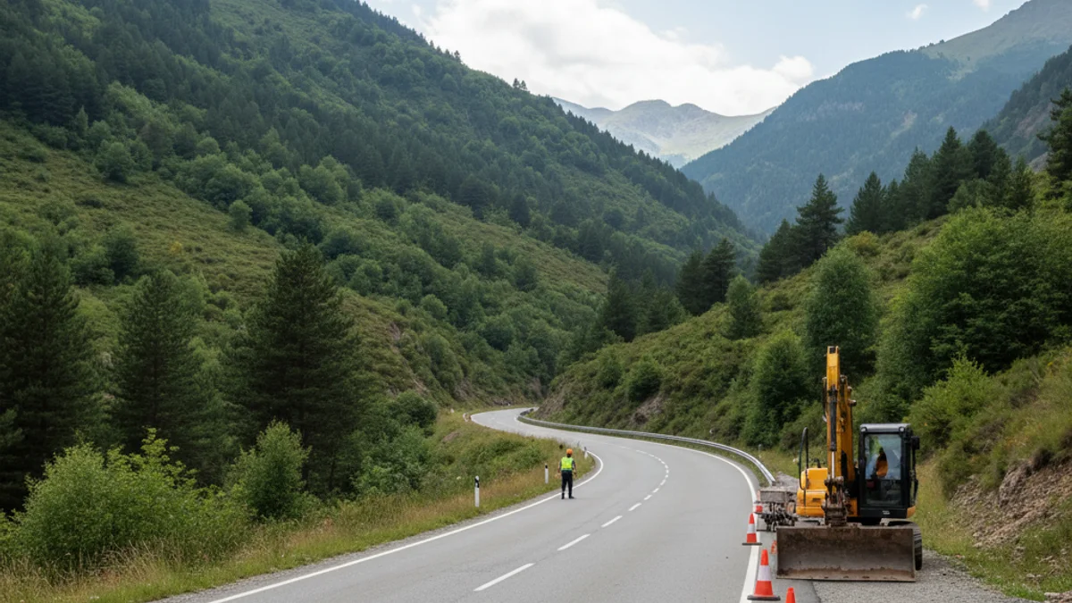 Vista d'una carretera de muntanya amb senyalització d'obres i cons de trànsit al voral.